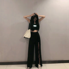 Calças femininas de nicho com cintura alta temperamento e pernas largas design sense calças drapeadas soltas