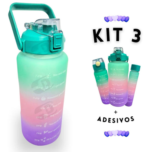 Kit 3 Garrafas De Água Motivacional Treino Academia Esporte Fitness Brinde Adesivos 2 Litros 700mL 300mL