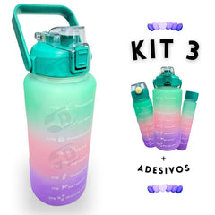 Kit 3 Garrafas De Água Motivacional Treino Academia Esporte Fitness Brinde Adesivos 2 Litros 700mL 300mL