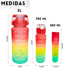 Kit 3 Garrafas De Água Motivacional Treino Academia Esporte Fitness Brinde Adesivos 2 Litros 700mL 300mL