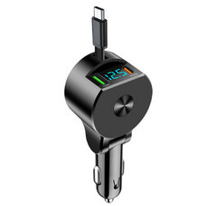 Carregador veicular digital com cabo retrátil, carregamento rápido veicular PD, super carregamento rápido cinco em um