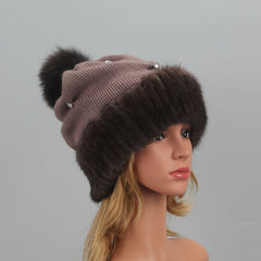 Gorros de malha de vison real feminino, boné elástico, quente, natural, luxuoso, moda de inverno.