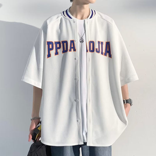 Camisa de manga curta de verão fina masculina ins ruffian bonito estilo Hong Kong marca da moda japonesa solta mangas de cinco quartos estação europeia lista de comércio exterior