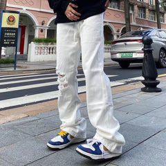 Guochao estilo vibe high street jeans casual rasgado masculino marca ruffian bonito calças fritas micro largas