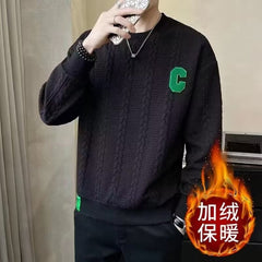 Suéter Jacquard estilo high-end masculino em design moderno de gola redonda senso de listras de torção nicho roupas masculinas de inverno suéter de lã