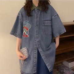 2023 camisa retrô unissex verão estilo Hong Kong estudante camisa jeans solta novos tops masculinos Douyin geração 86