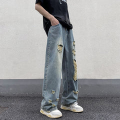 calça jeans larga com bolsos vintage estilo streetwear e remendas