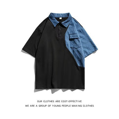 camiseta polo de verão estudante lapela manga curta masculina versão coreana solta manga cinco quartos emenda camisa assimétrica