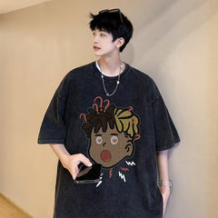 Camiseta americana retrô de tamanho grande de manga curta masculina marca de moda de rua verão