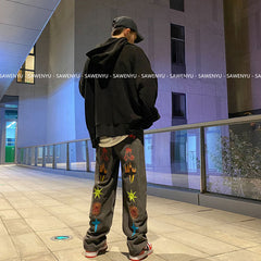 calça jeans estilo americano com desenhos retro