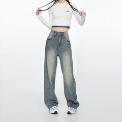 Calça jeans estreita feminina de perna larga high street