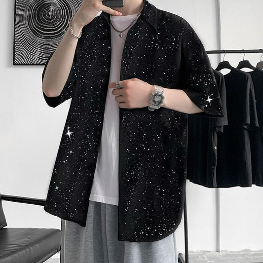 camisa de seda elástica de gelo masculina de manga curta marca de maré solta versão coreana do nicho boate brilhante e desempenho brilhante camisa de meia manga