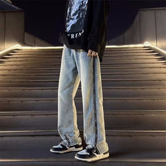 calça jeans larga com ziper como detalhe