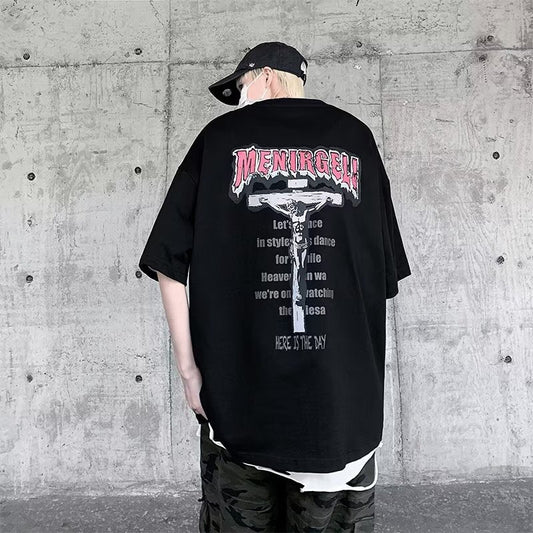camisa larga masculina com letras e Jesus estampado nas costas estilo streetwear