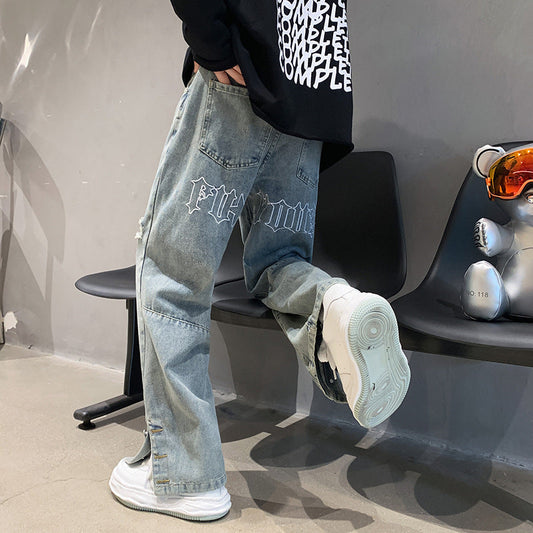 Calças jeans larga bordadas masculinas