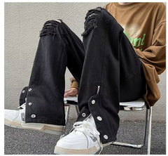 Calças jeans rasgadas lavadas na rua americana primavera e outono masculinas retas soltas calças compridas europeias e americanas estilo vibe high street para comércio exterior