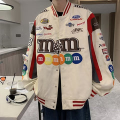 Jaqueta de beisebol americana M&M's Street combinando com cores pesadas Jaqueta de casal masculina de marca de maré hiphop locomotiva Casal comércio exterior