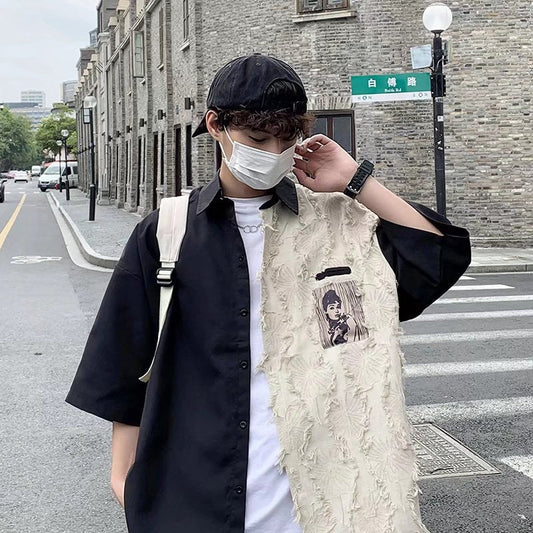 2023 outono novo estilo universitário japonês costura remendo jaqueta de trabalho feminino e masculino estudantes camisa de lapela solta top