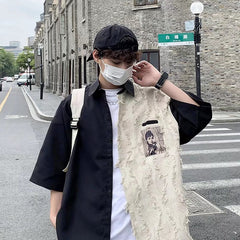 2023 outono novo estilo universitário japonês costura remendo jaqueta de trabalho feminino e masculino estudantes camisa de lapela solta top