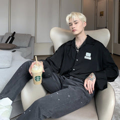 camisa polo de manga larga com botão e gola casual estilo mafioso