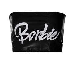 cropped de faixa feminino com ''Barbie'' bordada