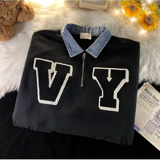 Suéter de lapela com emenda de brim masculino primavera e outono estilo preguiçoso tops casuais marca maré meio zíper solto