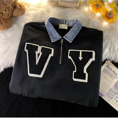 Suéter de lapela com emenda de brim masculino primavera e outono estilo preguiçoso tops casuais marca maré meio zíper solto