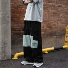 Calças casuais masculinas modernas, macacões retos soltos, calças com vários bolsos, calças de feixe de algodão puro, calças esportivas de primavera e outono
