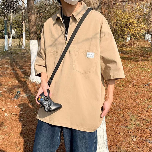 Camisa pólo japonesa de marca de verão, manga curta, solta, tamanho grande, seção fina, ferramentas, lapela, camiseta simples, algodão, meia manga