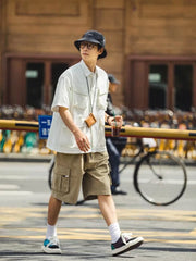 Nova tendência americana de verão, camisa de manga curta casual com ferramentas soltas, estilo japonês, camisa masculina com vários bolsos, gola quadrada, meia manga