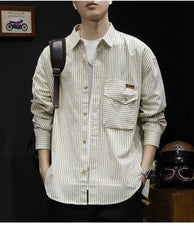 Primavera e verão nova camisa de manga comprida listrada lapela casual bolso masculino camisa simples trabalho jaqueta de negócios comércio exterior