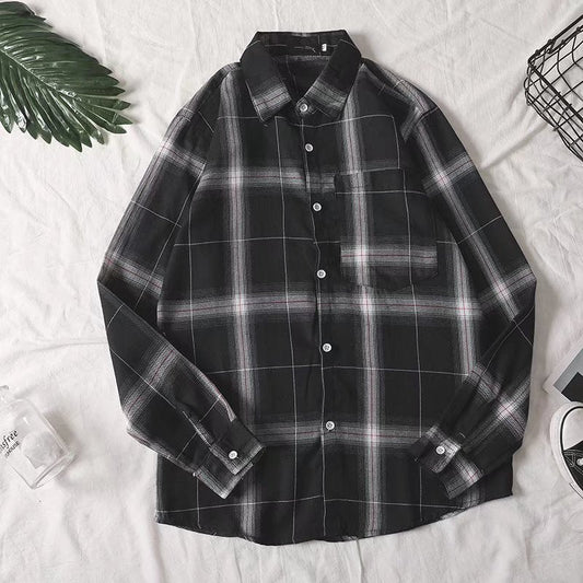 camisa de manga comprida xadrez com gola e botão estilo streetwear