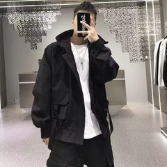 Jaqueta larga com bolsos e faixas, capuz de inverno, primavera e outono masculina 2023 esportivas