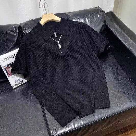 Camisa pólo de malha masculina de manga curta de cor sólida de negócios de verão, camiseta elegante e sofisticada de alta qualidade