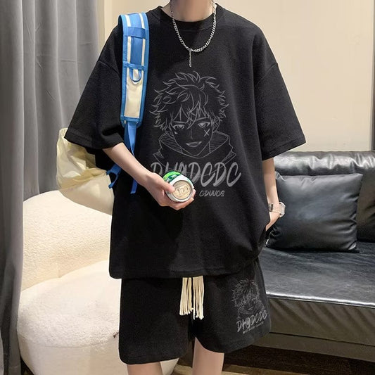 camisa e shorts masculino com estampa de anime estilo streetwear