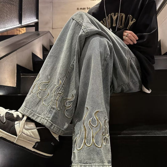 calças masculinas vintage com fogo bordado nas pontas estilo streetwear