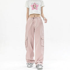 calça larga e reta estilo streetwear com bolsos e cortão ajustavel feminina