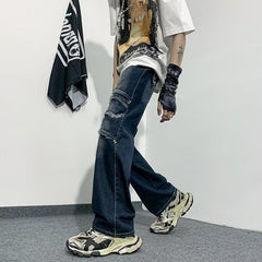 Calças jeans masculinas HIPHOP soltas retas de pernas largas tamanho grande tendência de rua pesadas vintage ruffian bonitas calças de skate multibolsas