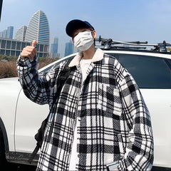 Jaqueta de cordeiro xadrez outono e inverno masculina casual retrô grande e bonita marca solta estilo Hong Kong