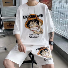 One Piece verão Hong Kong style loose short-sleeved same style handsome set tide