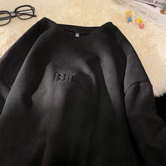 Camiseta de camurça pesada de manga comprida masculina outono americana retrô high street ins maré marca estilo Hong Kong gola redonda