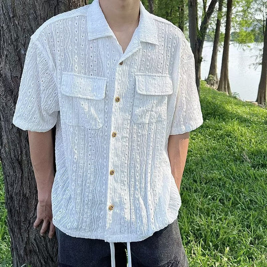 Camisa de gola cubana solta estilo japonesa