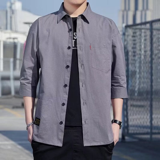 Camisa masculina manga curta camisa de algodão japonesa masculina ferramentaria camisa de manga média casual para todos os jogos na moda