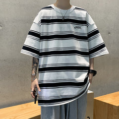 Camiseta listrada japonesa masculina de manga curta verão retro