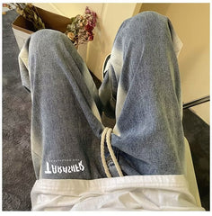 Jeans masculino americano retrô, calças largas retas, primavera e outono, vibe de rua alta, calças degradê velhas lavadas