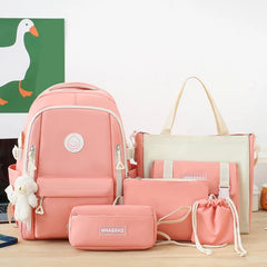 Grande capacidade lona Patchwork mochila, estudantes leve Bookbag, mochila com kit de bolso anti-roubo, conjunto combinado, 5pcs