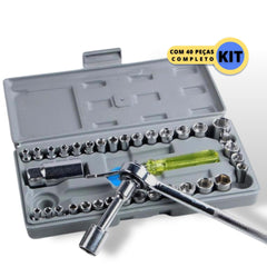 KIT Ferramentas Jogo Com 40 Peças Soquetes de Chave Catraca, Canhão Cachimbo