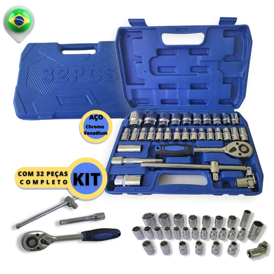 Jogo Soquetes 32 Peças com 8 A 32mm Kit De Ferramentas Completo