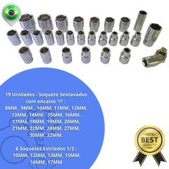 Jogo Soquetes 32 Peças com 8 A 32mm Kit De Ferramentas Completo