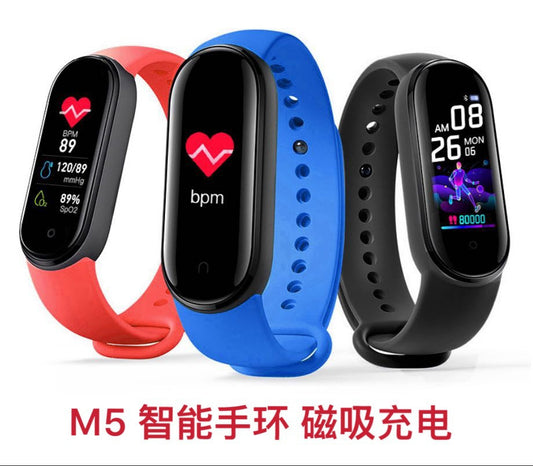 Pulseira inteligente M5 Carregamento magnétic Gel de sílica Câmera Frequência cardíaca Pressão arterial Oxigênio no sangue multilíngue